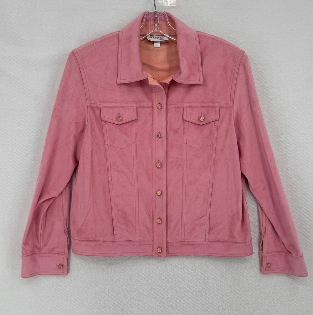 St. John Womens Vintage Pink Faux Suede Collared Button Jacket Sz S